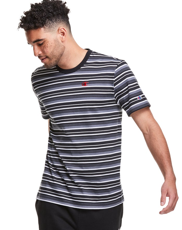 Champion T-Shirt Heren - Zwart/Grijs - Yarn-Dye Stripe C Logo ( 524016-GQD )